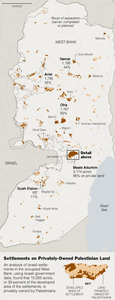 peace-now-settlement-map1 Israeli settlements (dark brown indicates private Palestinian land--source: Peace Now)