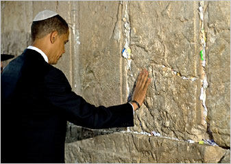 Obama prays (for I-P peace?) at Kotel (Paul J. Richards/AFP-Getty)